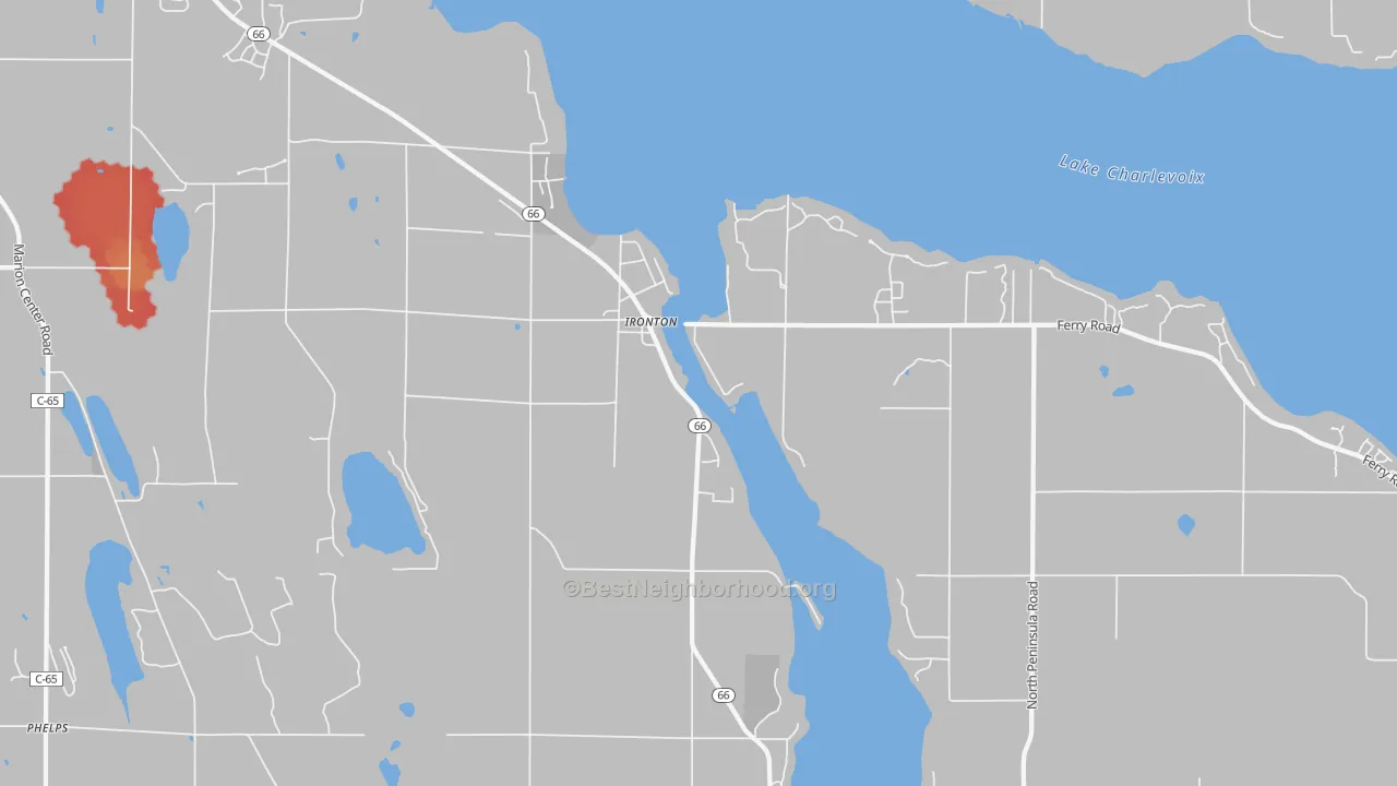 Walk Grade map of Ironton, MI, walkable areas in green and car-dependent areas in red