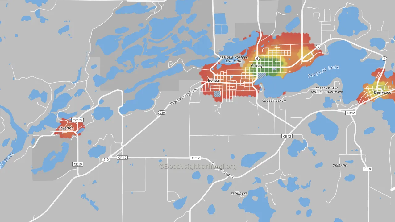Walk Grade map of Ironton, MN, walkable areas in green and car-dependent areas in red