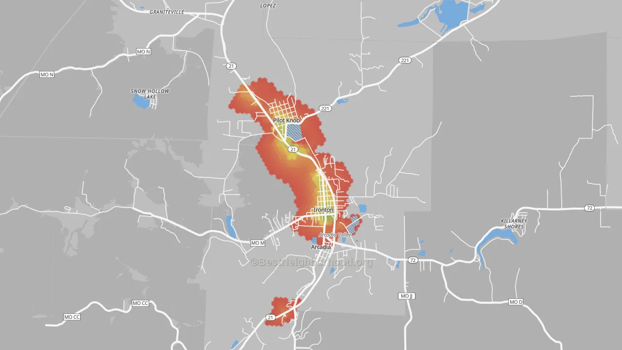 Walk Grade map of Ironton, MO, walkable areas in green and car-dependent areas in red
