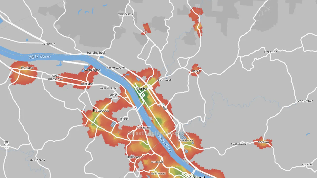 Walk Grade map of Ironton, OH, walkable areas in green and car-dependent areas in red