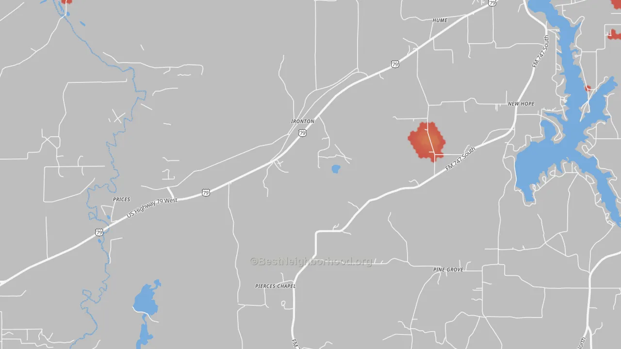 Walk Grade map of Ironton, TX, walkable areas in green and car-dependent areas in red