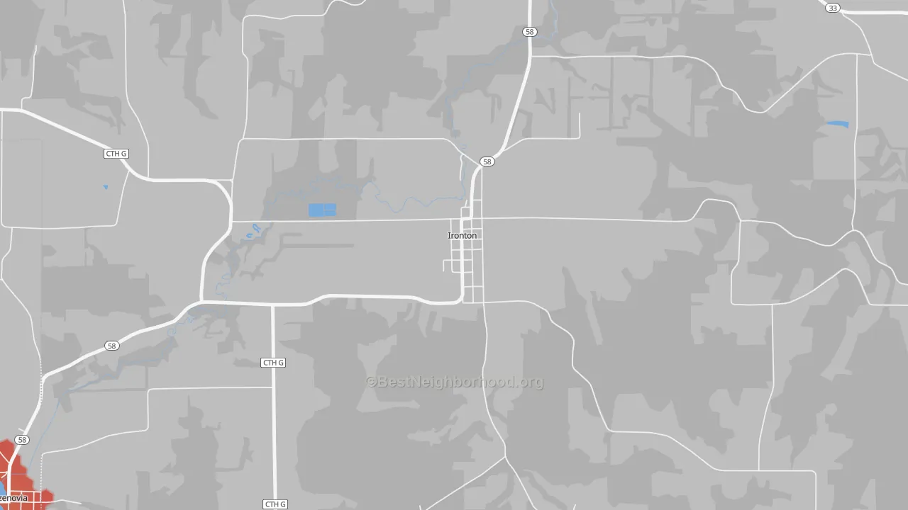 Walk Grade map of Ironton, WI, walkable areas in green and car-dependent areas in red