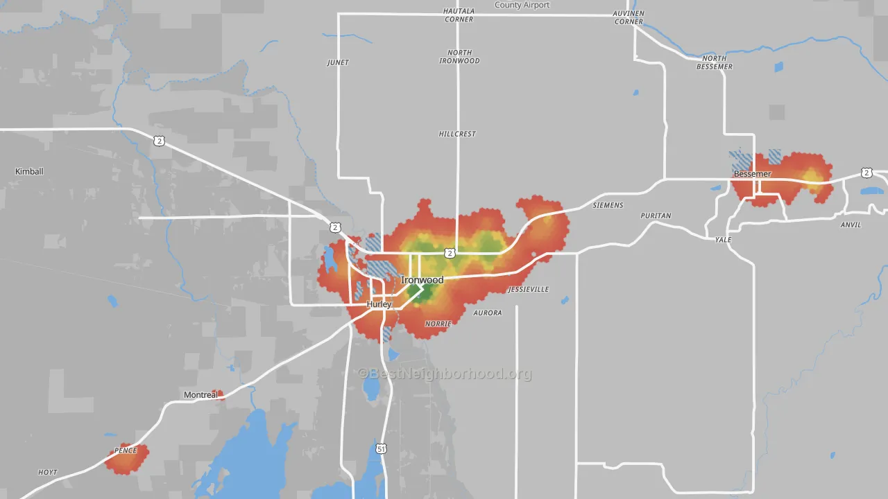 Walk Grade map of Ironwood, MI, walkable areas in green and car-dependent areas in red