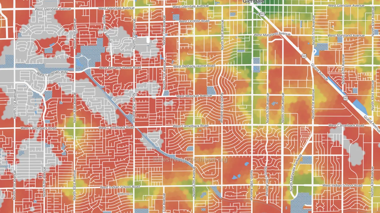Walk Grade map of Ironwood Terrace, Glendale, AZ, walkable areas in green and car-dependent areas in red