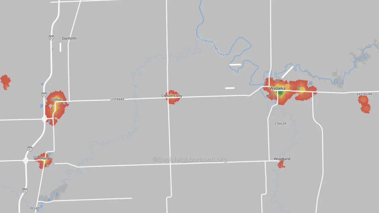 Walk Grade map of Iroquois County, IL, walkable areas in green and car-dependent areas in red