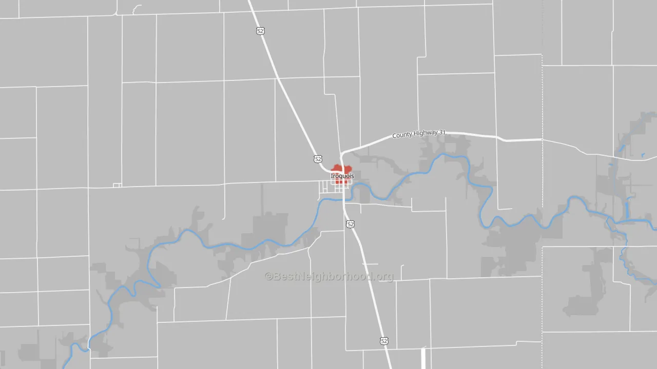 Walk Grade map of Iroquois, IL, walkable areas in green and car-dependent areas in red
