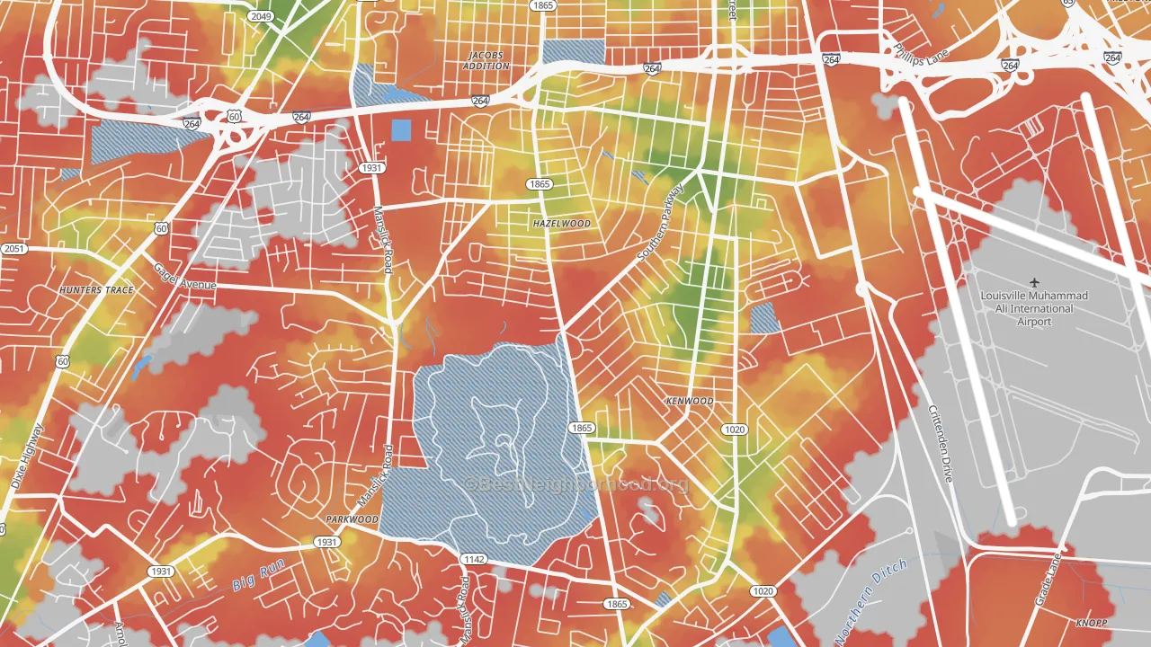 Walk Grade map of Iroquois, Louisville, KY, walkable areas in green and car-dependent areas in red
