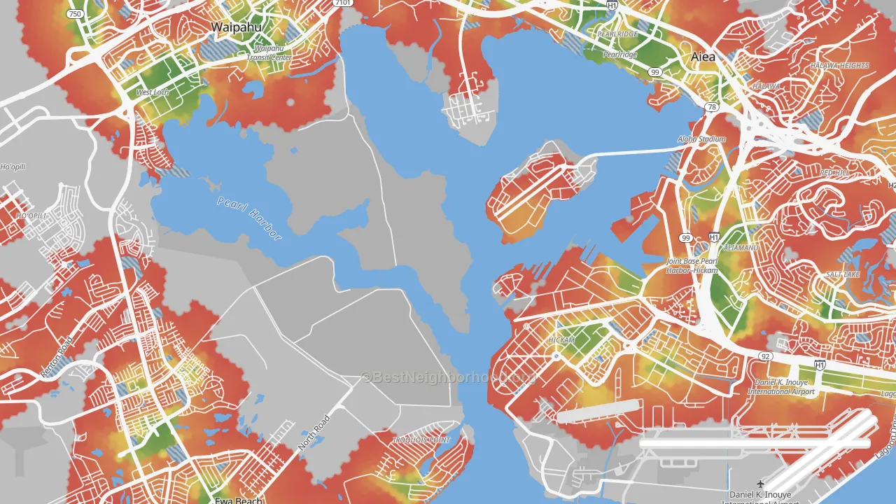 Walk Grade map of Iroquois Point, HI, walkable areas in green and car-dependent areas in red