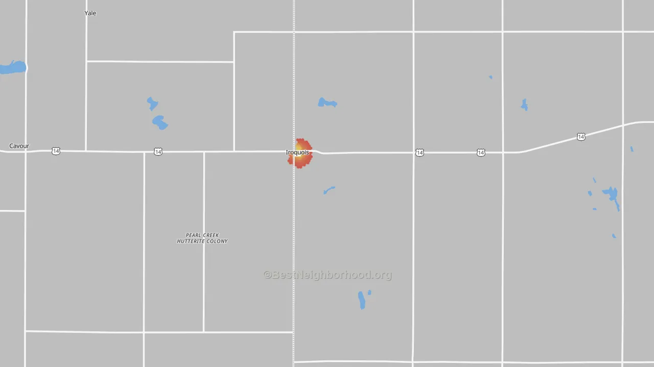 Walk Grade map of Iroquois, SD, walkable areas in green and car-dependent areas in red