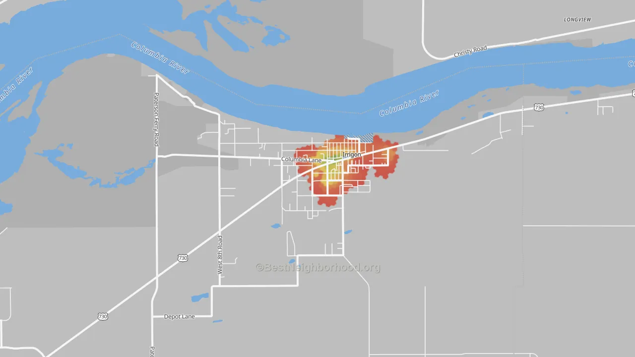 Walk Grade map of Irrigon, OR, walkable areas in green and car-dependent areas in red