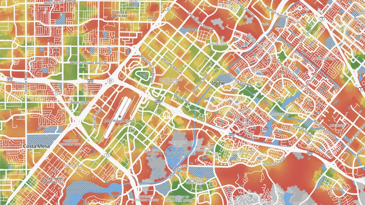 Walk Grade map of Irvine Business Complex, Irvine, CA, walkable areas in green and car-dependent areas in red