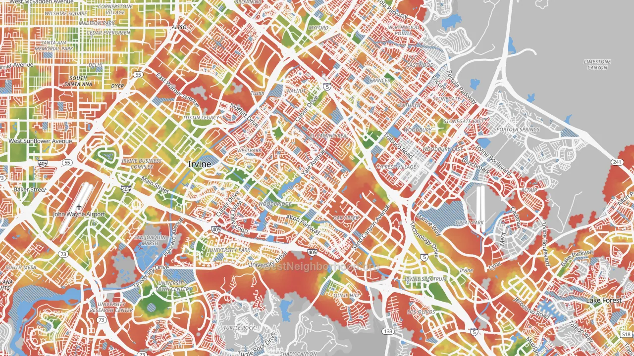 Walk Grade map of Irvine, CA, walkable areas in green and car-dependent areas in red