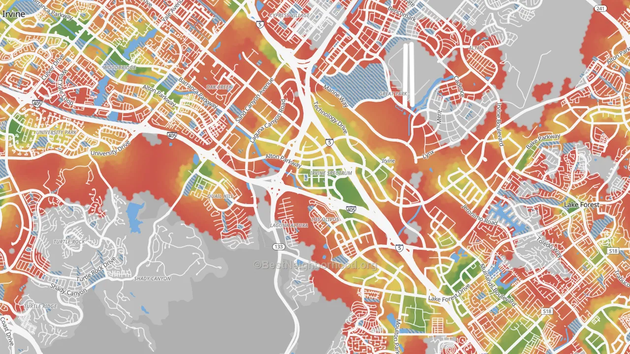 Walk Grade map of Irvine Health and Science Complex, Irvine, CA, walkable areas in green and car-dependent areas in red