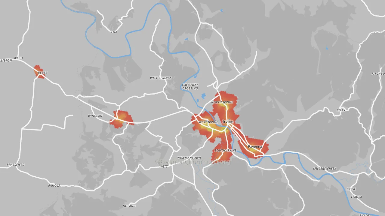 Walk Grade map of Irvine, KY, walkable areas in green and car-dependent areas in red