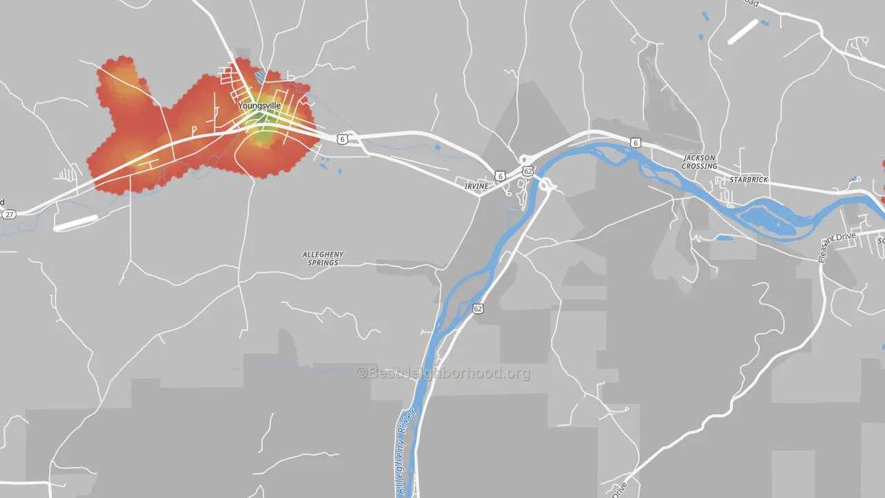 Walk Grade map of Irvine, PA, walkable areas in green and car-dependent areas in red