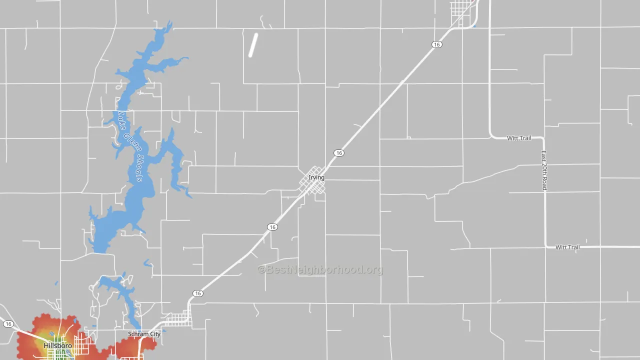 Walk Grade map of Irving, IL, walkable areas in green and car-dependent areas in red