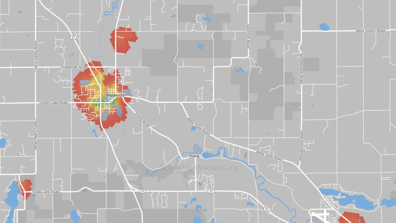Walk Grade map of Irving, MI, walkable areas in green and car-dependent areas in red