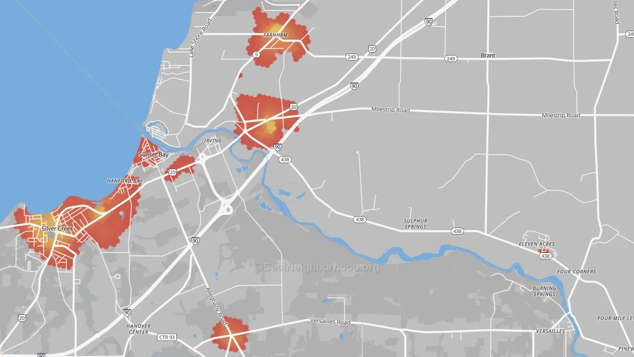 Walk Grade map of Irving, NY, walkable areas in green and car-dependent areas in red