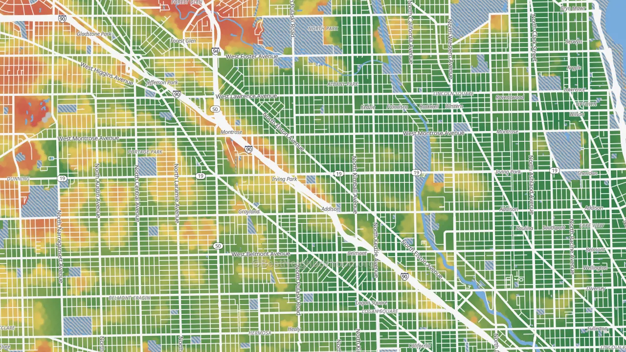 Walk Grade map of Irving Park, Chicago, IL, walkable areas in green and car-dependent areas in red