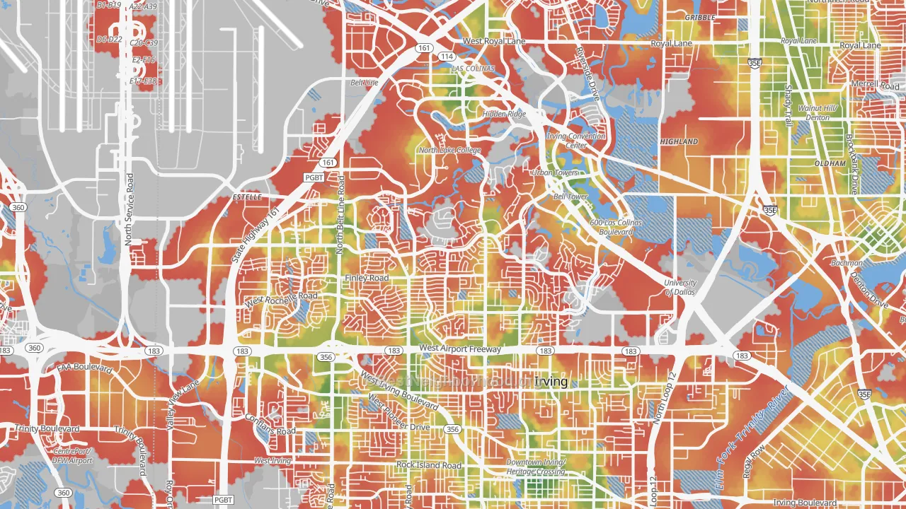 Walk Grade map of Irving, TX, walkable areas in green and car-dependent areas in red