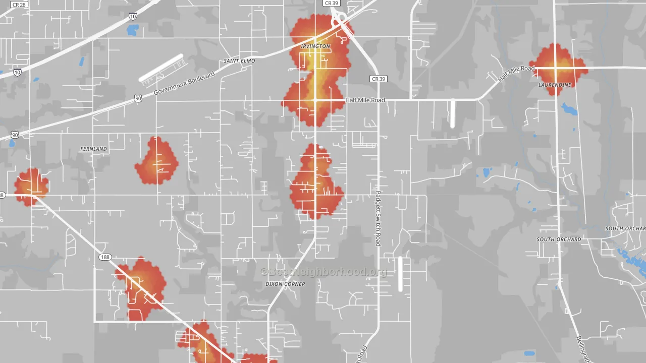 Walk Grade map of Irvington, AL, walkable areas in green and car-dependent areas in red