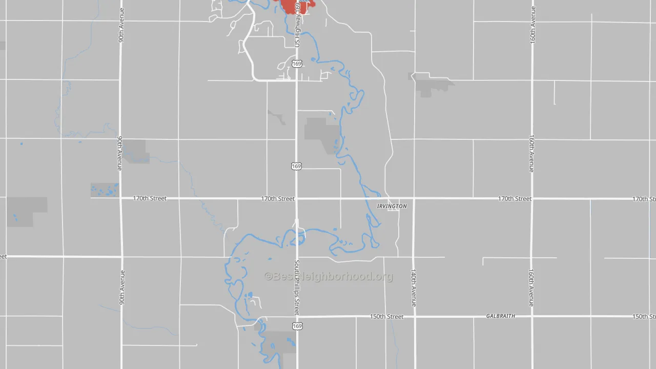 Walk Grade map of Irvington, IA, walkable areas in green and car-dependent areas in red