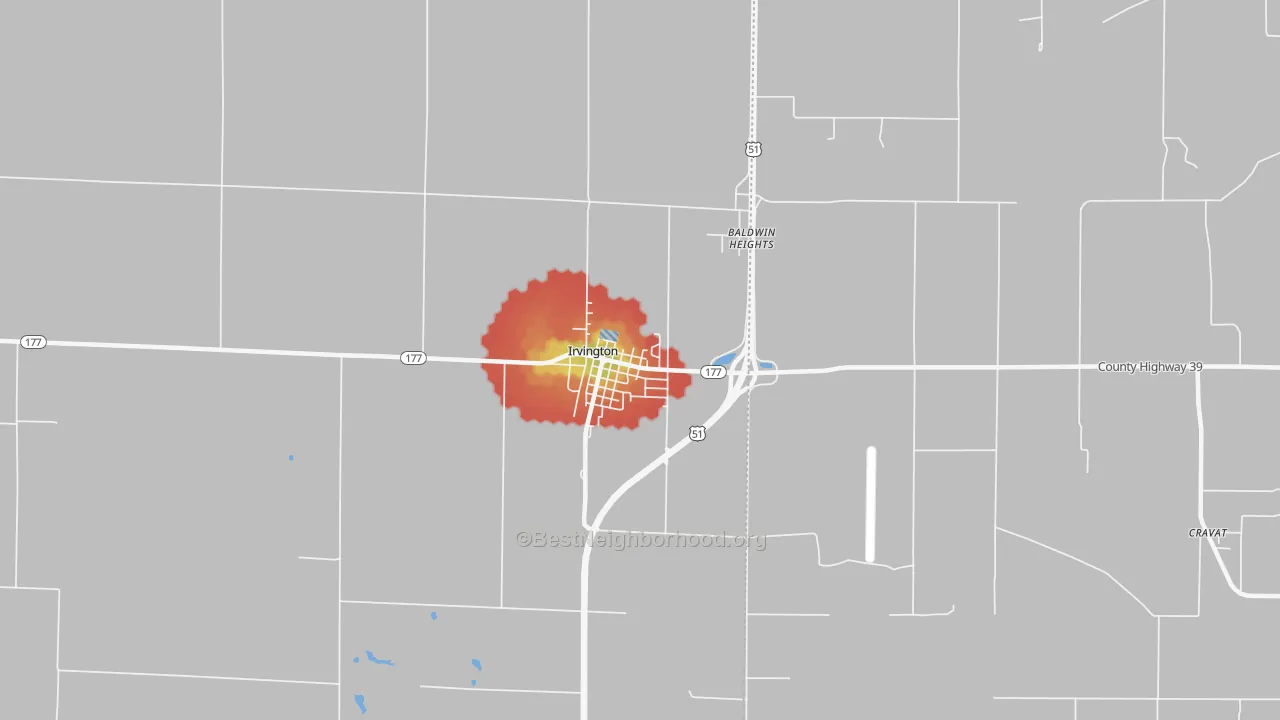 Walk Grade map of Irvington, IL, walkable areas in green and car-dependent areas in red