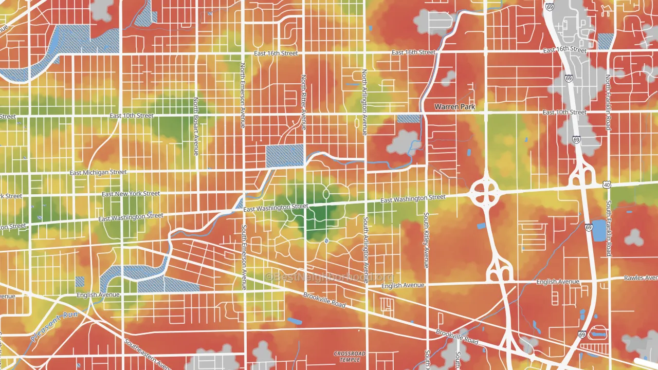 Walk Grade map of Irvington, Indianapolis, IN, walkable areas in green and car-dependent areas in red