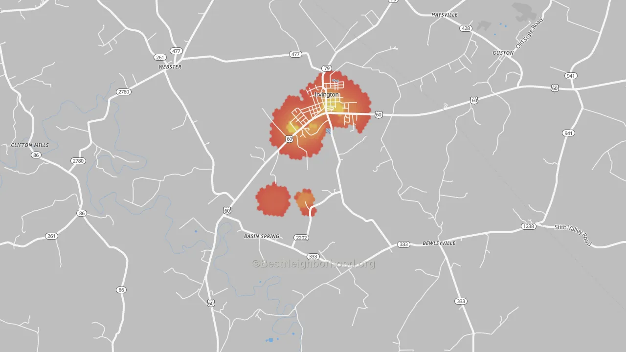 Walk Grade map of Irvington, KY, walkable areas in green and car-dependent areas in red