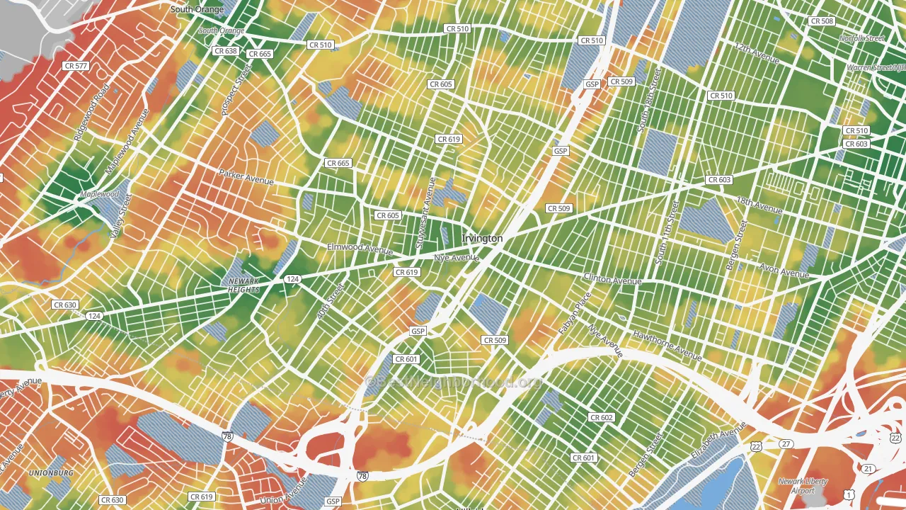 Walk Grade map of Irvington, NJ, walkable areas in green and car-dependent areas in red