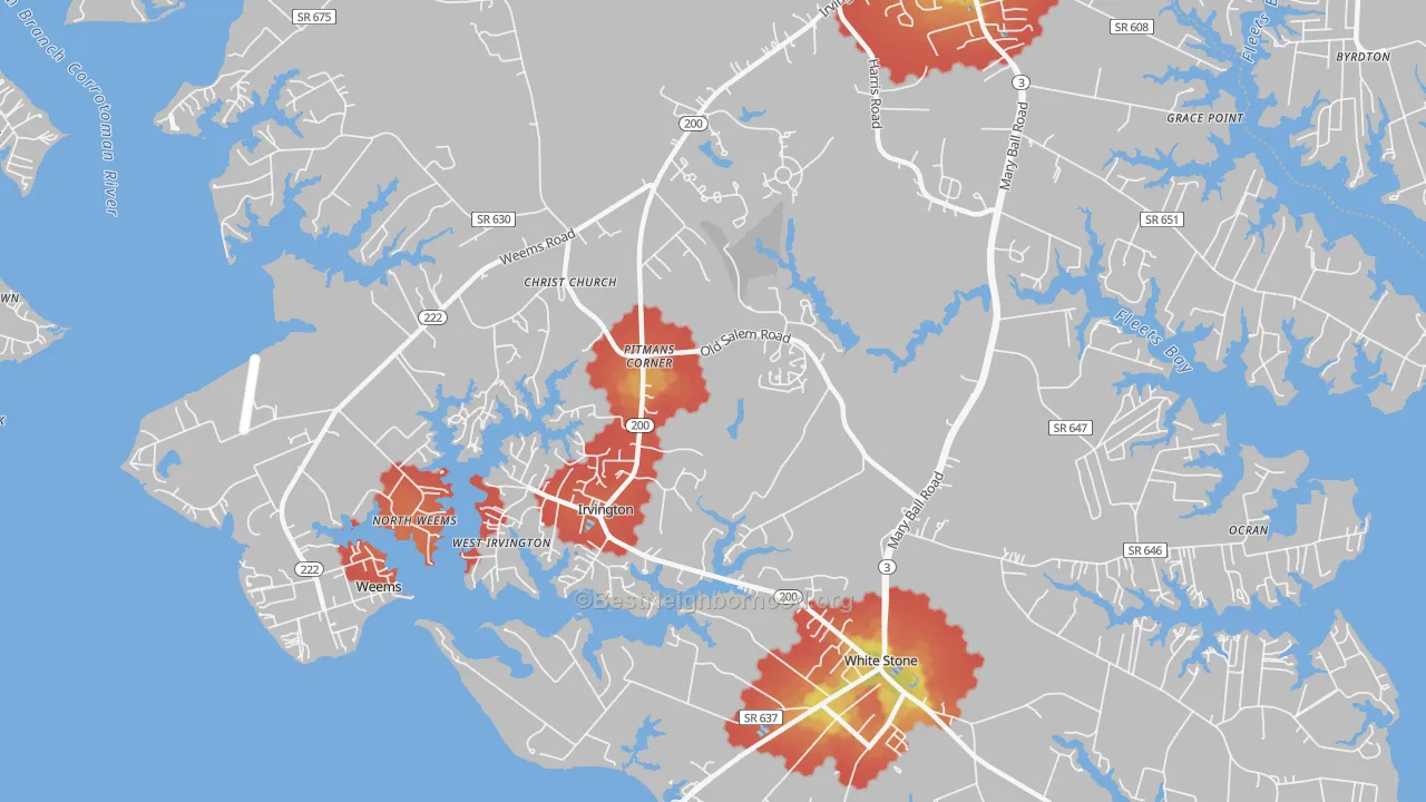 Walk Grade map of Irvington, VA, walkable areas in green and car-dependent areas in red
