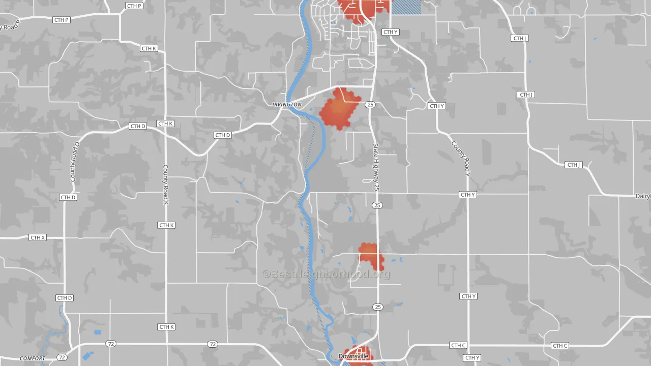 Walk Grade map of Irvington, WI, walkable areas in green and car-dependent areas in red