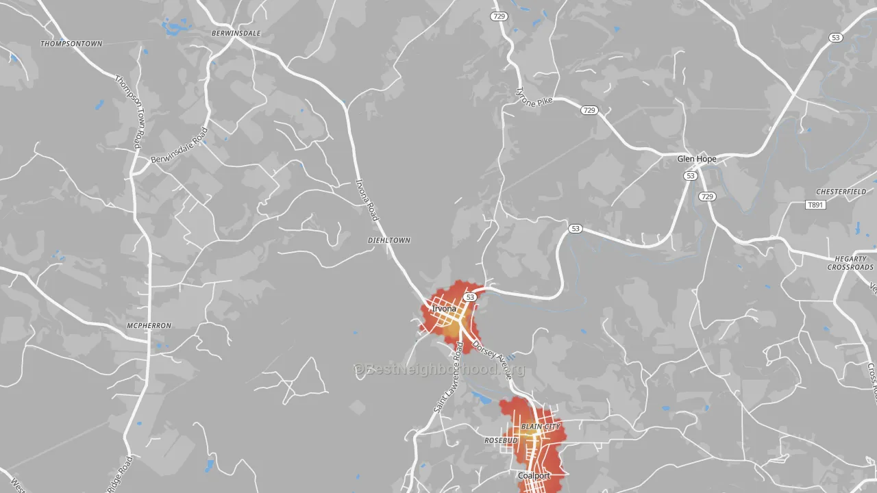 Walk Grade map of Irvona, PA, walkable areas in green and car-dependent areas in red