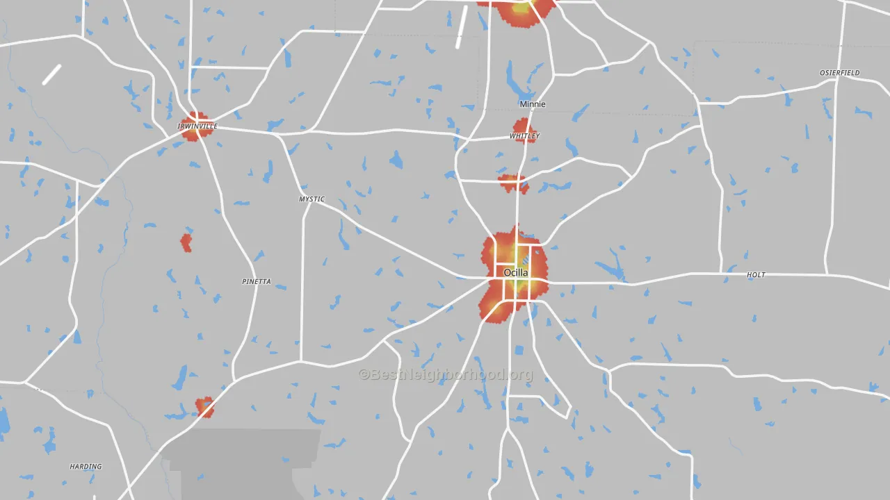Walk Grade map of Irwin County, GA, walkable areas in green and car-dependent areas in red