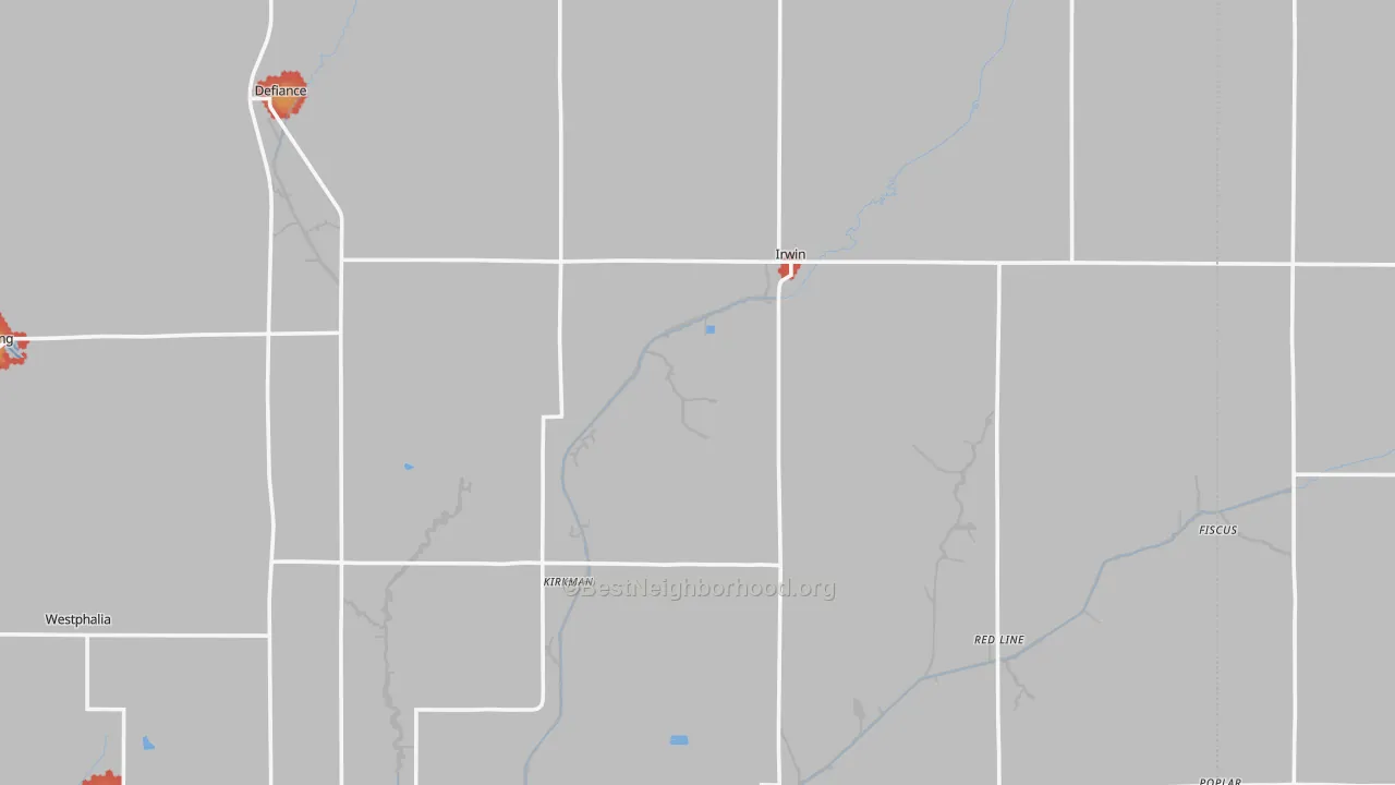 Walk Grade map of Irwin, IA, walkable areas in green and car-dependent areas in red