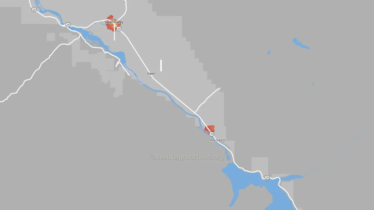 Walk Grade map of Irwin, ID, walkable areas in green and car-dependent areas in red