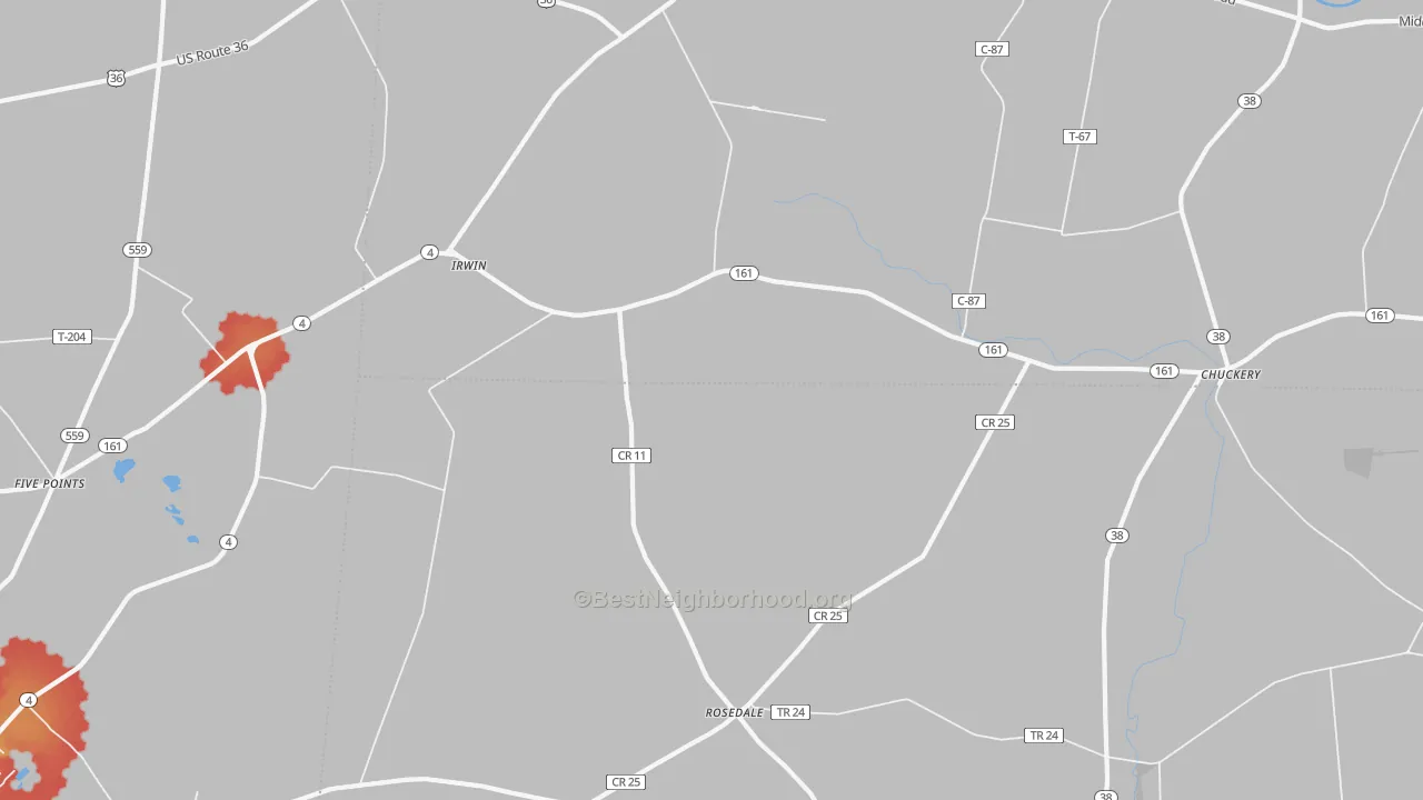 Walk Grade map of Irwin, OH, walkable areas in green and car-dependent areas in red