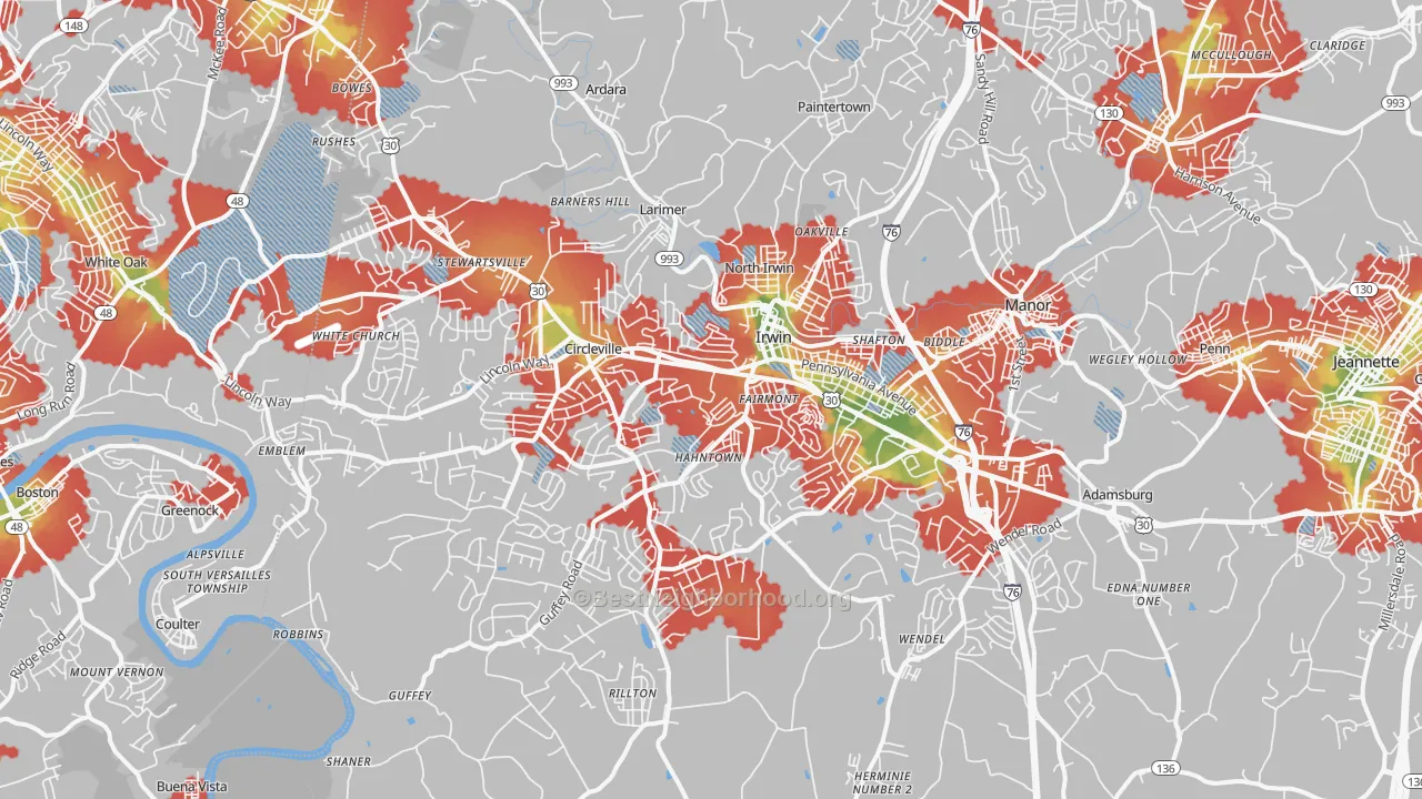 Walk Grade map of Irwin, PA, walkable areas in green and car-dependent areas in red