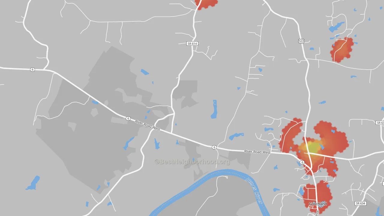 Walk Grade map of Irwin, VA, walkable areas in green and car-dependent areas in red