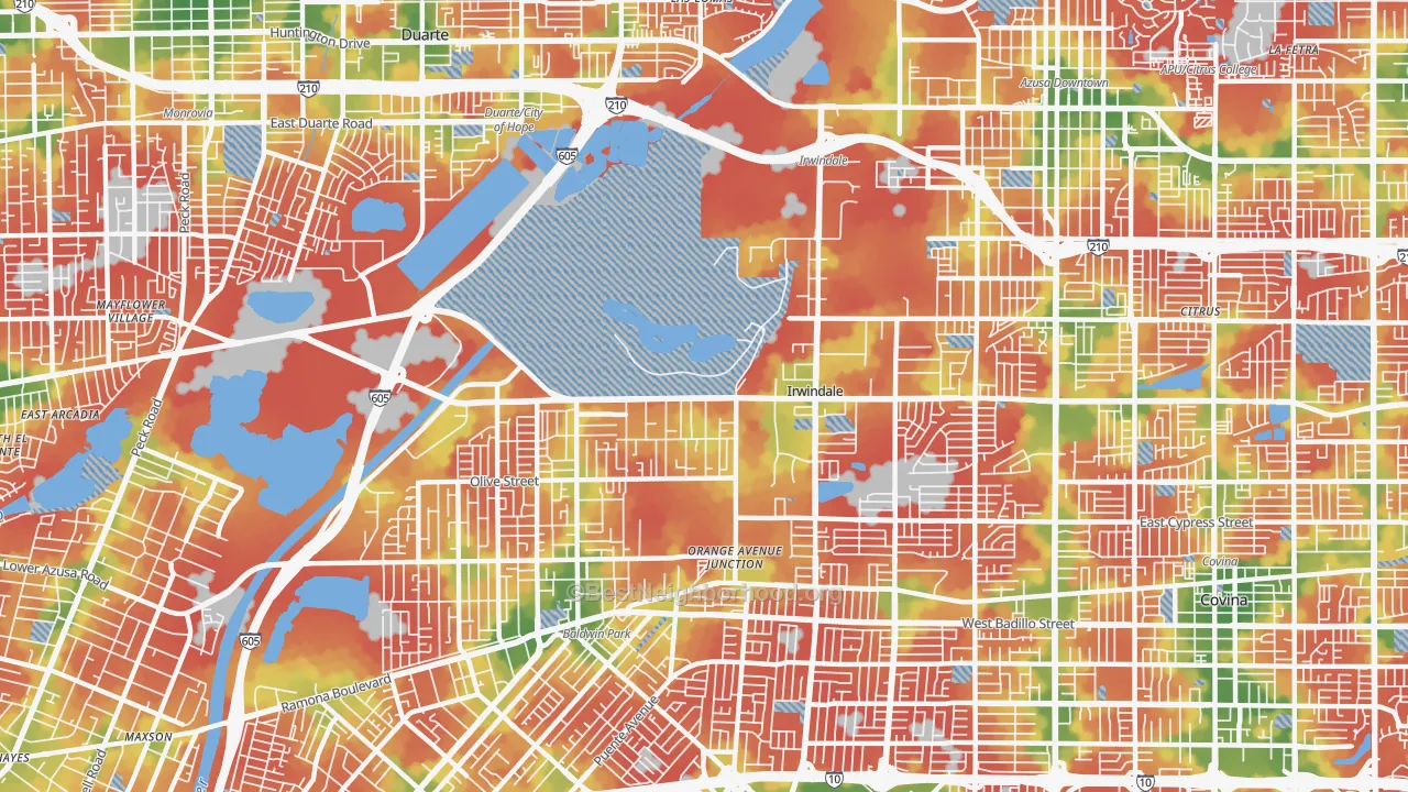 Walk Grade map of Irwindale, CA, walkable areas in green and car-dependent areas in red