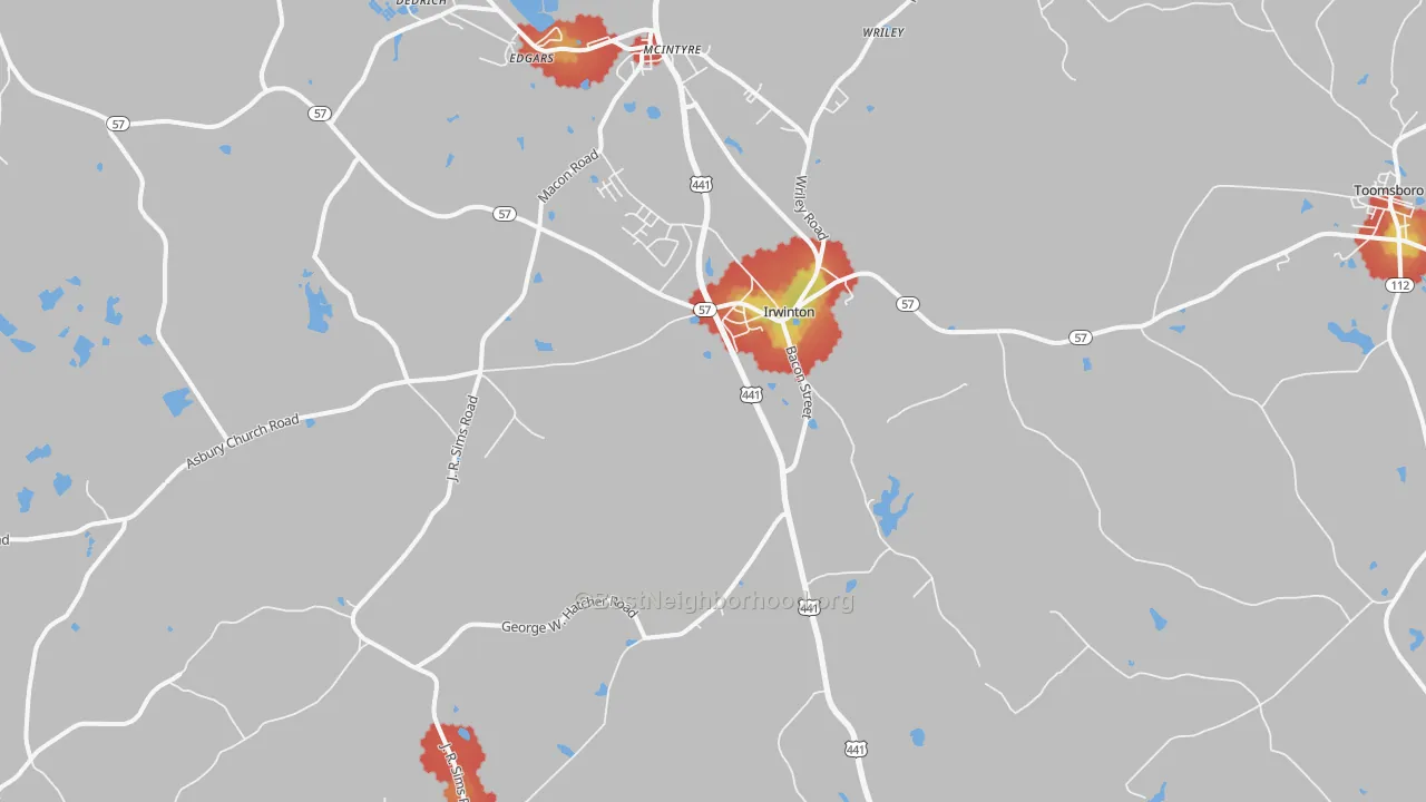 Walk Grade map of Irwinton, GA, walkable areas in green and car-dependent areas in red
