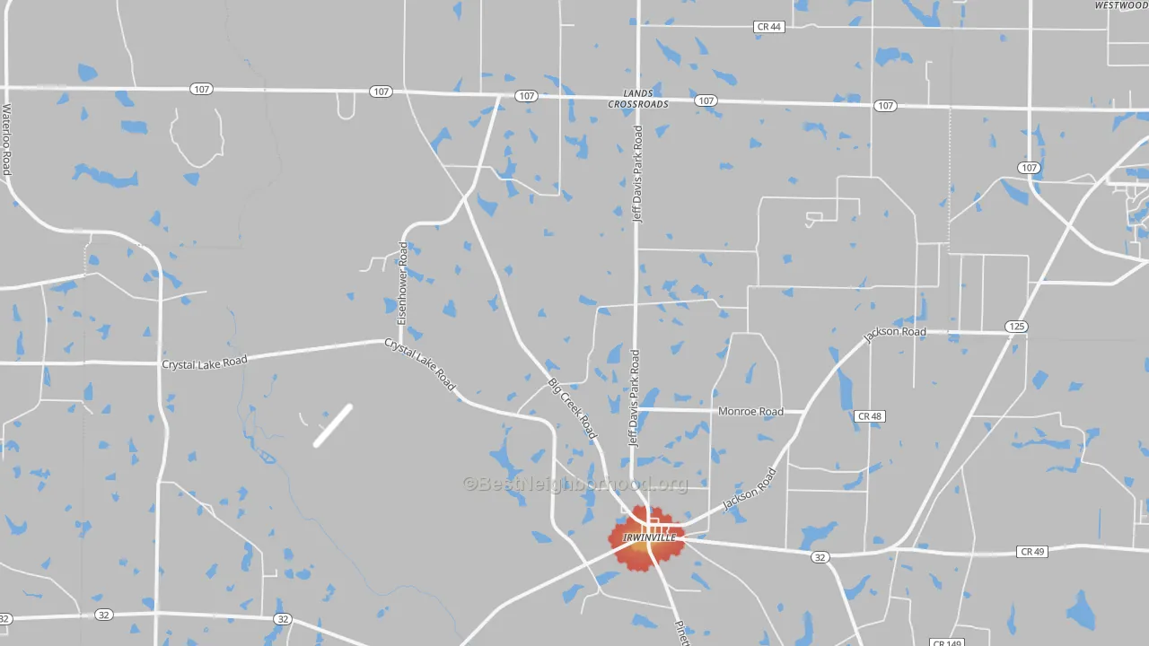 Walk Grade map of Irwinville, GA, walkable areas in green and car-dependent areas in red