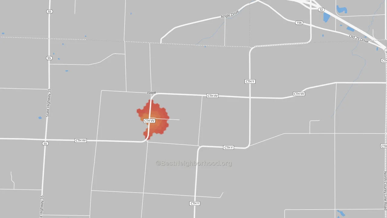 Walk Grade map of Isaar, WI, walkable areas in green and car-dependent areas in red