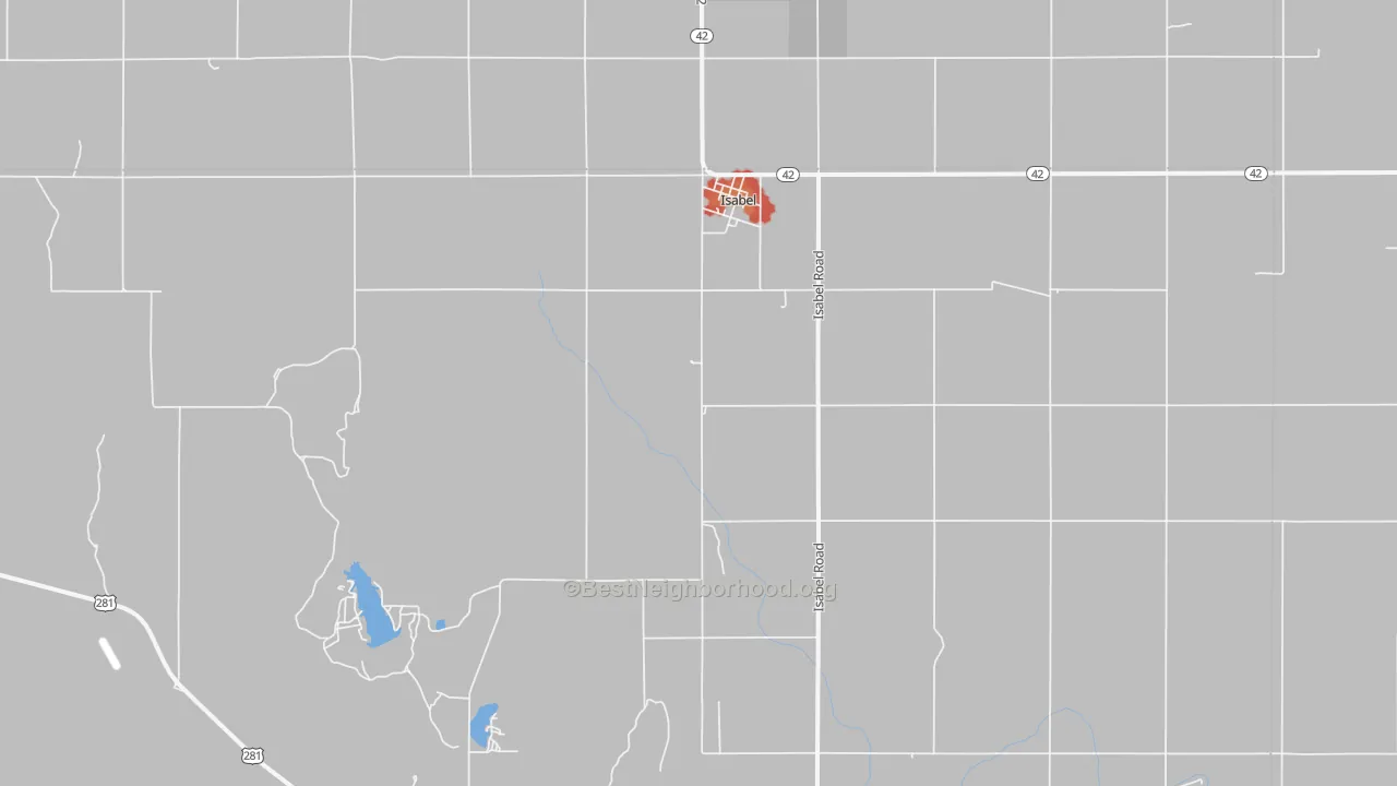 Walk Grade map of Isabel, KS, walkable areas in green and car-dependent areas in red