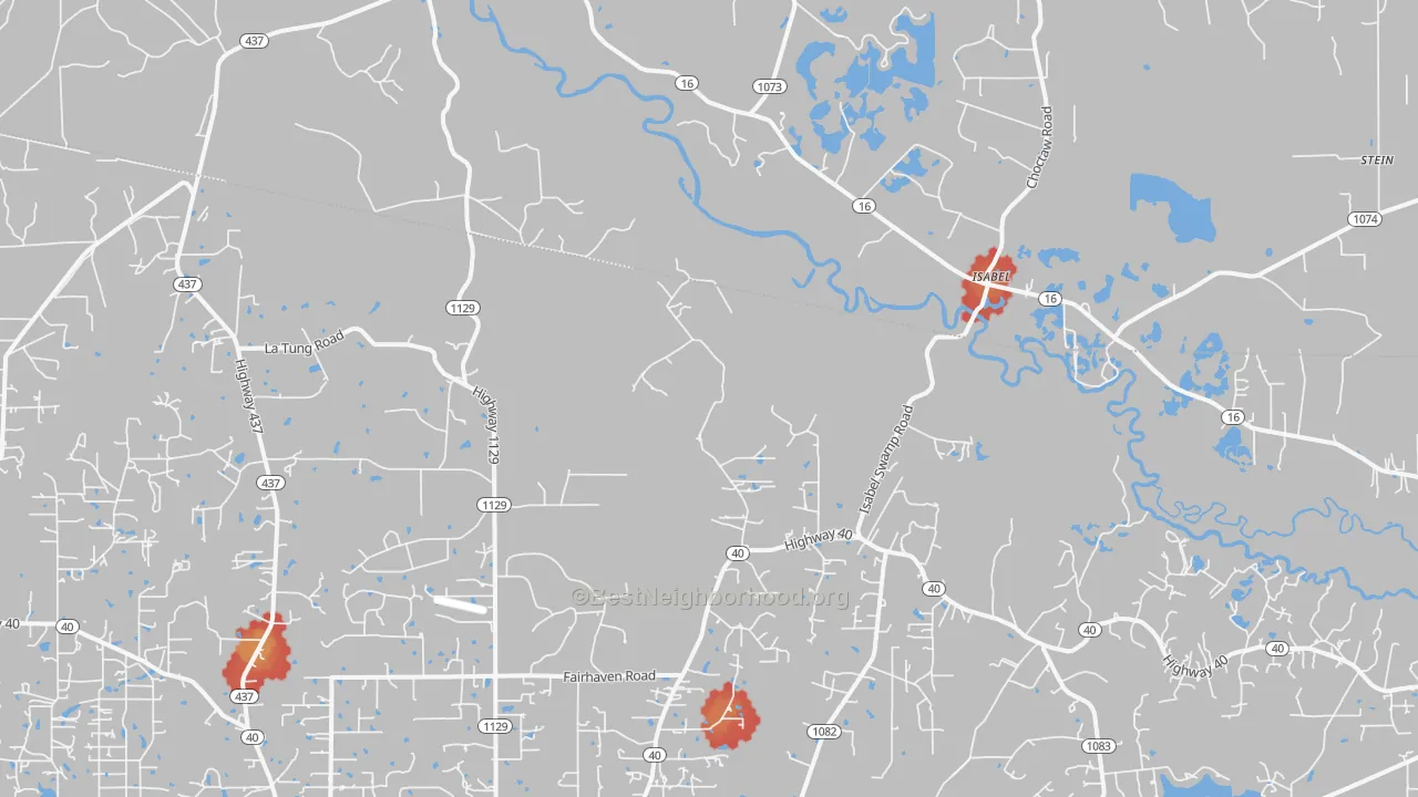 Walk Grade map of Isabel, LA, walkable areas in green and car-dependent areas in red