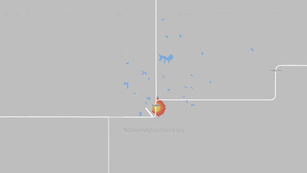 Walk Grade map of Isabel, SD, walkable areas in green and car-dependent areas in red