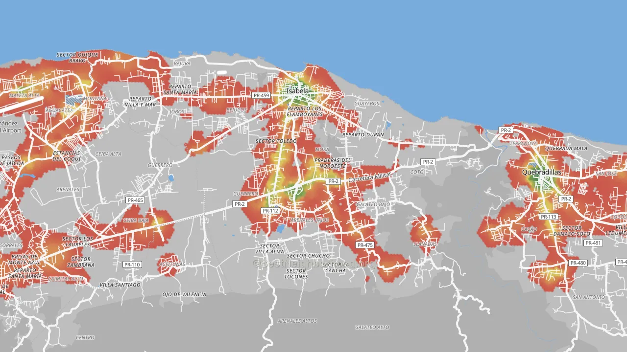 Walk Grade map of Isabela Municipio, PR, walkable areas in green and car-dependent areas in red