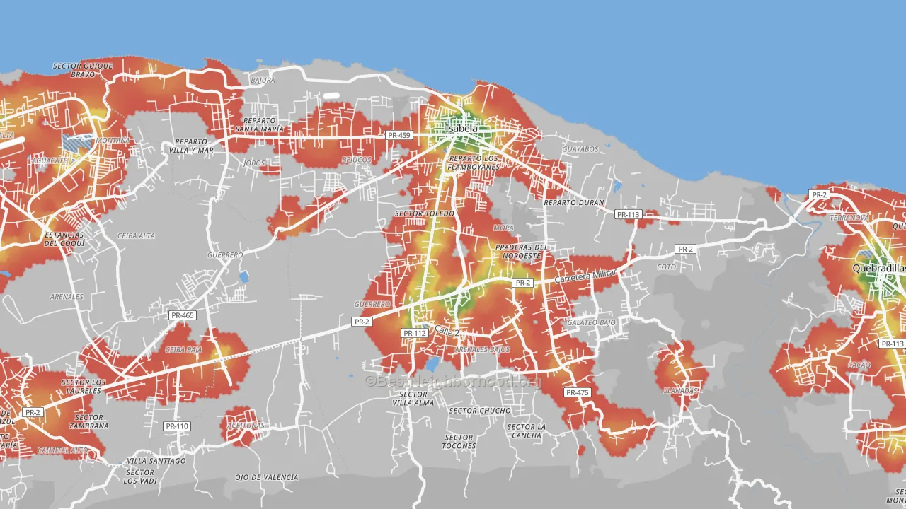 Walk Grade map of Isabela, PR, walkable areas in green and car-dependent areas in red
