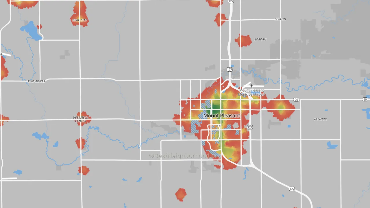 Walk Grade map of Isabella County, MI, walkable areas in green and car-dependent areas in red