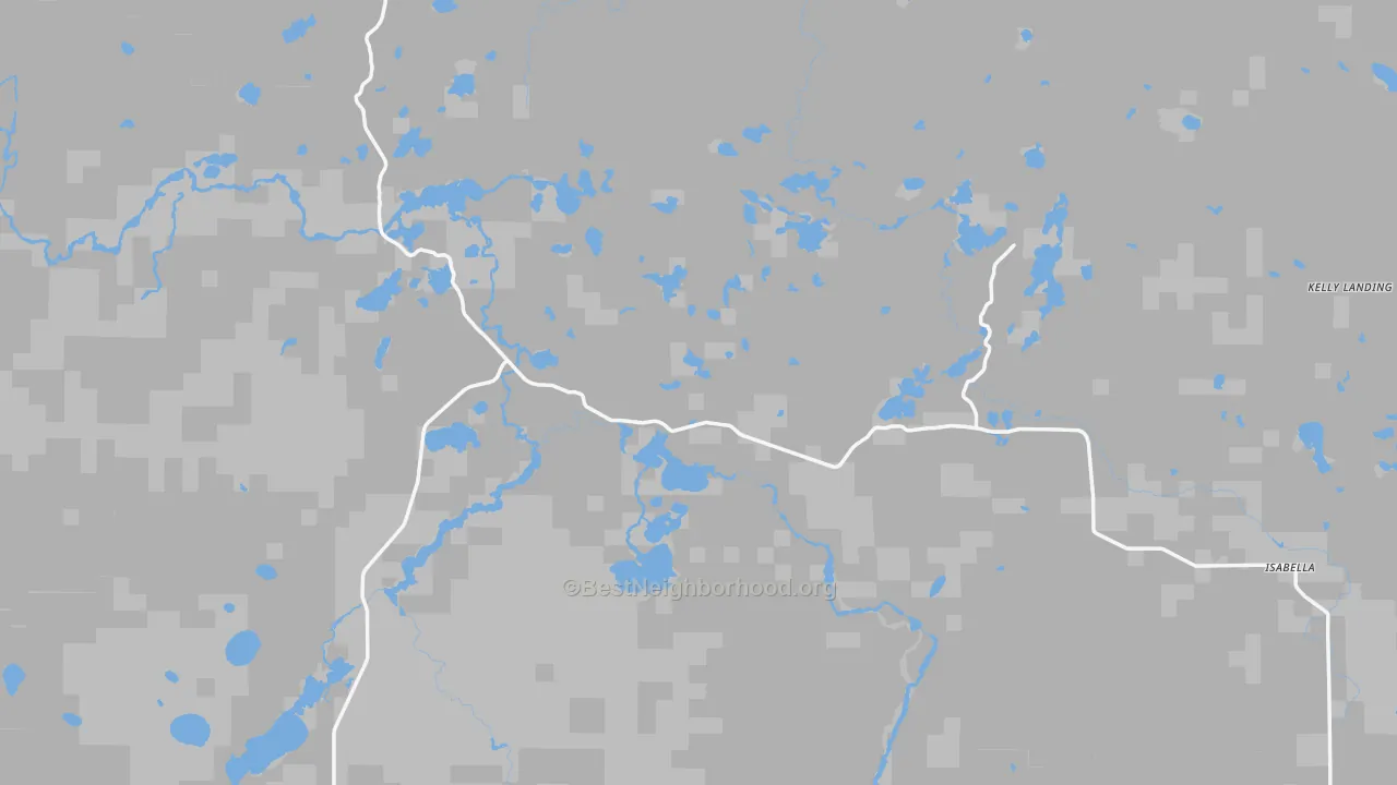 Walk Grade map of Isabella, MN, walkable areas in green and car-dependent areas in red